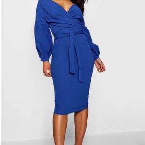 Off the Shoulder Midi Wrap Dress